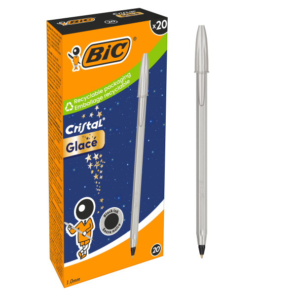 Penna a sfera Bic Cristal Glace - Corpo argento opaco - Punta tonda da 1 mm - Tratto da 04 mm - Inchiostro a base di olio - Colore inchiostro nero Penna a sfera Bic Cristal Glace - Corpo argento opaco - Punta tonda da 1 mm - Tratto da 04 mm - Inchiostro a base di olio - Colore inchiostro nero