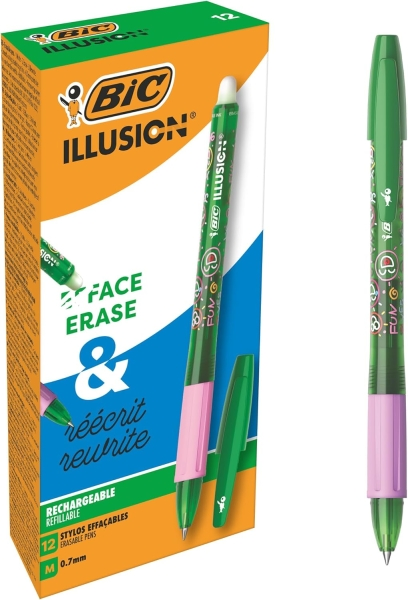Penna a sfera cancellabile Bic Illusions - Punta media da 07 mm - Impugnatura in gomma - Ricaricabile - Verde