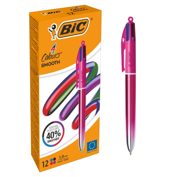 Penna a sfera retrattile Bic 4 colori con sfumatura rosa liscia - Punta media da 10 mm - Scrittura più fluida del 40% - 4 colori di inchiostro