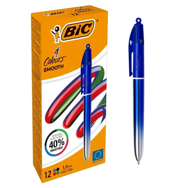 Penna a sfera retrattile Bic 4 Colors Smooth Gradient Blue - Punta media da 10 mm - Scrittura più fluida del 40% - 4 colori Penna a sfera retrattile Bic 4 Colors Smooth Gradient Blue - Punta media da 10 mm - Scrittura più fluida del 40% - 4 colori