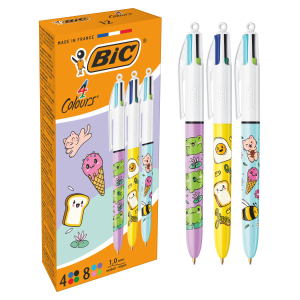 Penna a sfera retrattile Bic 4 Colours Decors Kawaii - Punta media da 10 mm - Inchiostro a base d'olio - Corpo decorato in stile Kawaii - 4 colori di inchiostro