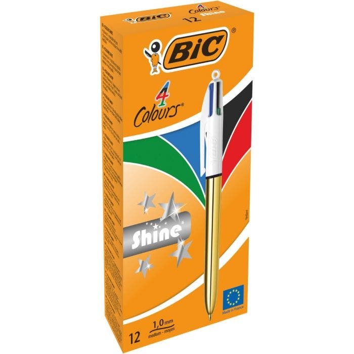 Penna a sfera retrattile Bic 4 Colours Shine - Punta 1 mm - Corsa 04 mm - Inchiostro a base di olio - Fusto oro/bianco - 4 colori