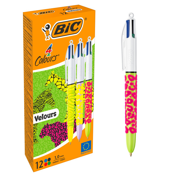 Penna a sfera retrattile Bic Velours 4 Colori - Punta media da 10 mm - Inchiostro a base d'olio - Fusto goffrato Soft Touch - 4 colori di inchiostro Penna a sfera retrattile Bic Velours 4 Colori - Punta media da 10 mm - Inchiostro a base d'olio - Fusto goffrato Soft Touch - 4 colori di inchiostro