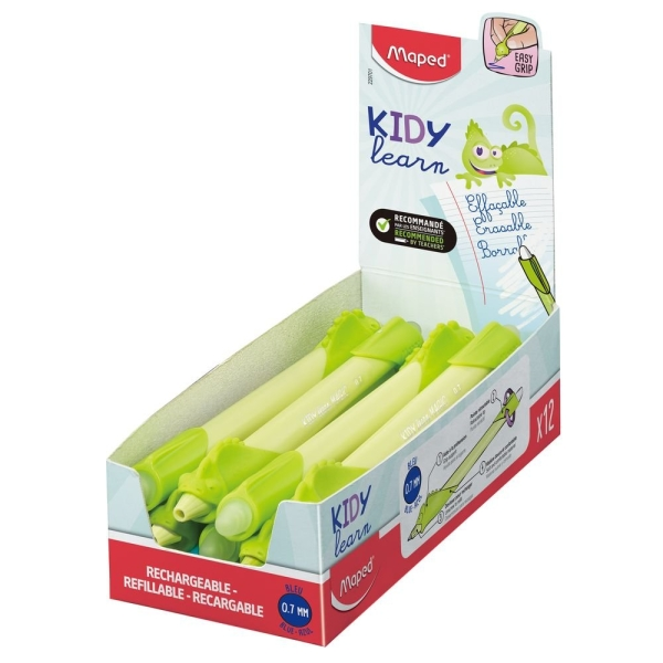 Penna cancellabile Maped Kidy Learning Magic con guida per le dita - Modello Camaleonte - Inchiostro blu - Consigliata per bambini dai 4 ai 10 anni - Giallo