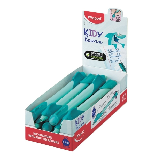 Penna magica cancellabile Maped Kidy Learning con guida per il dito - Modello squalo - Inchiostro blu - Consigliata per bambini dai 4 ai 10 anni - Turchese