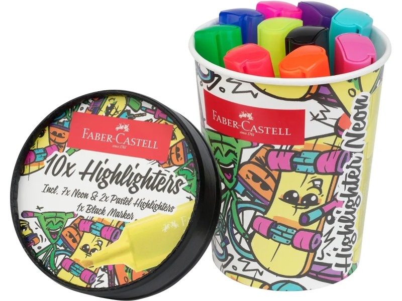 Pennarelli fluorescenti Faber-Castell Textliner 46 Neon confezione da 10 pezzi - Design a vaschetta di gelato - Punta a scalpello - Tratto da 1 mm a 5 mm - Inchiostro a base d'acqua - Colori assortiti Pennarelli fluorescenti Faber-Castell Textliner 46 Neon confezione da 10 pezzi - Design a vaschetta di gelato - Punta a scalpello - Tratto da 1 mm a 5 mm - Inchiostro a base d'acqua - Colori assortiti