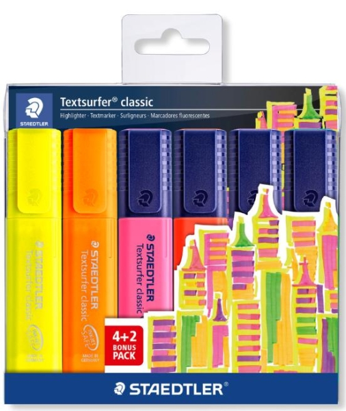 Pennarelli fluorescenti Staedtler Textsurfer Classic 364 confezione da 6 pezzi - Asciugatura rapida - Tratto da 1 a 5 mm circa - Colori assortiti Pennarelli fluorescenti Staedtler Textsurfer Classic 364 confezione da 6 pezzi - Asciugatura rapida - Tratto da 1 a 5 mm circa - Colori assortiti