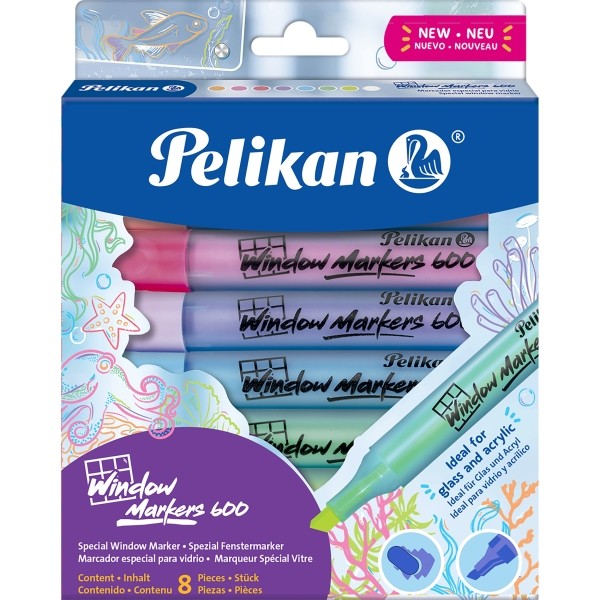 Pennarelli per finestre Pelikan confezione da 8 pezzi per superfici lisce - Punta a scalpello con 3 spessori - Ideali per l'uso su vetro acrilico lattice e altre superfici lisce - Colori assortiti