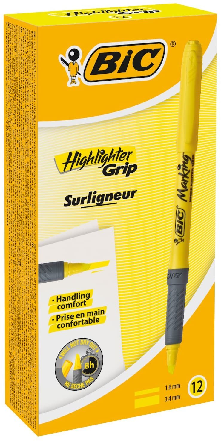 Pennarello fluorescente Bic Highlighter Grip - Inchiostro a base d acqua - Punta a scalpello - Linea tra 160 e 330 mm - Colore giallo
