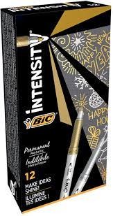 Pennarello permanente metallico Bic Intensity - Punta media 18 mm - Linea 08 mm - Impugnatura testurizzata - Colore Oro e Argento