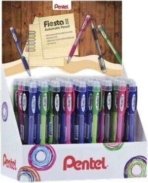 Pentel Fiesta II Display da 36 matite meccaniche HB da 07 mm con gomma - Include 2 ricariche - Impugnatura in gomma - Design ergonomico - Colori assortiti