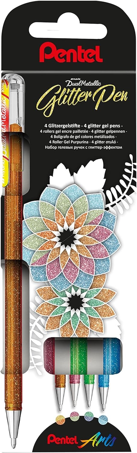 Pentel Hybrid Dual Metallic Confezione da 4 penne a sfera con inchiostro gel brillante - Punta da 1 mm - Tratto da 05 mm - Colori vivaci assortiti