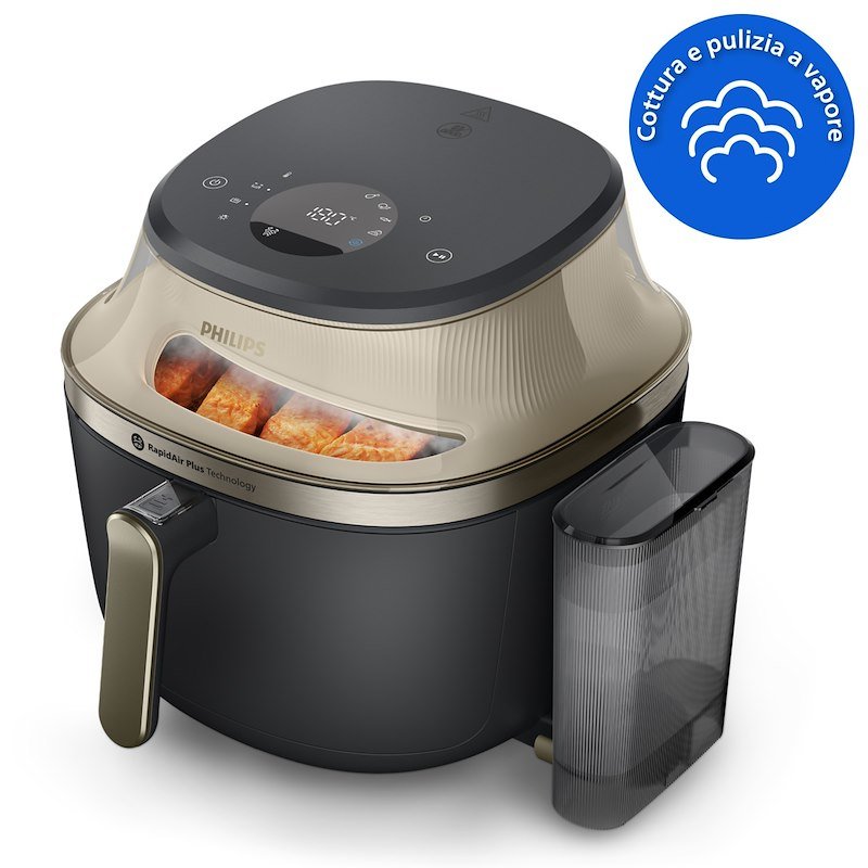 PHILIPS Airfryer Serie 5000 da 7.2L con vapore NA543/00 FRIGGITRICE AD ARIA, capacità 7,2 l, Max potenza 2000 W, 12 programmi, 40 °C a 200 °C, Nero/Champaigne