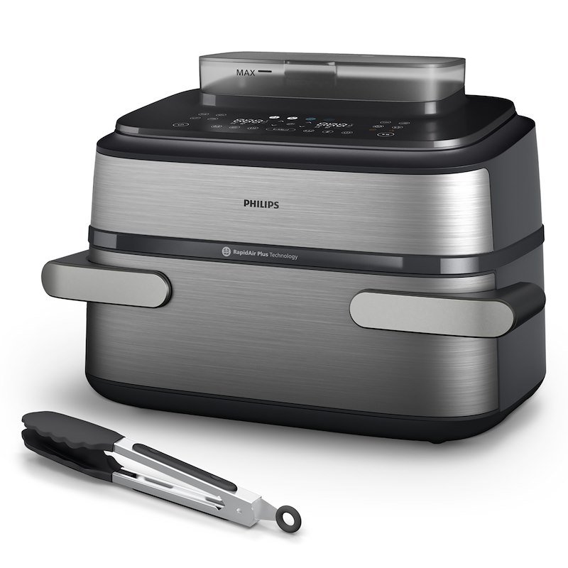 PHILIPS Airfryer Serie 5000 Maxi con vapore NA565/02 FRIGGITRICE AD ARIA, capacità 9,5 l, Max potenza 2750 W, 8 programmi, da 40 °C a 200 °C, Inox/Nero