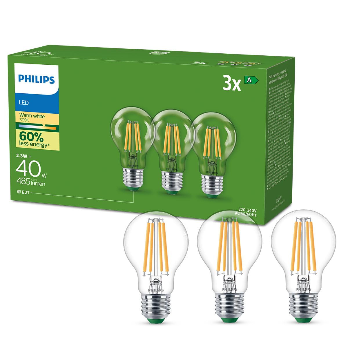 Philips Led Lampadina Goccia A Filamento Classe A Ultra Efficiente, 3 Pezzi, 40w, E27, Luce Bianca Calda