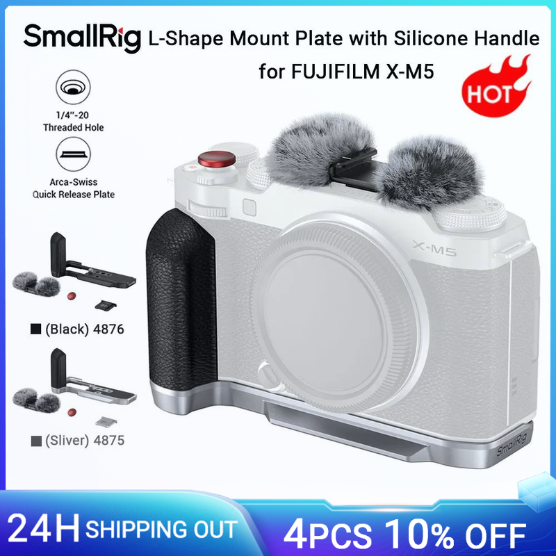 Piastra di montaggio a forma di L SmallRig X-M5 per FUJIFILM X-M5, con manico in silicone Pulsante di rilascio dell'otturatore Copertura per slitta calda (nastro/nero)
