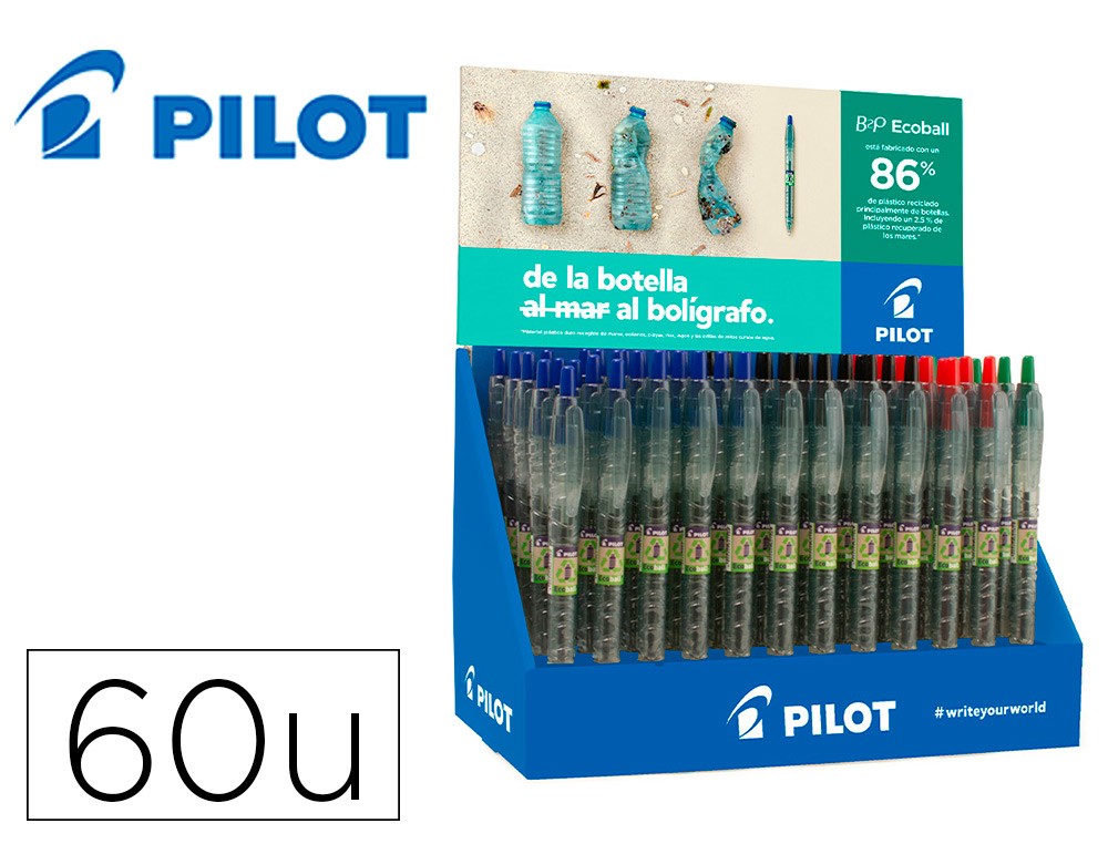 Pilot espositore 60 penne a sfera retrattili B2P Ecoball BeGreen + 10 gel B2P BeGreen - 8664% plastica riciclata - ricaricabile - colori assortiti
