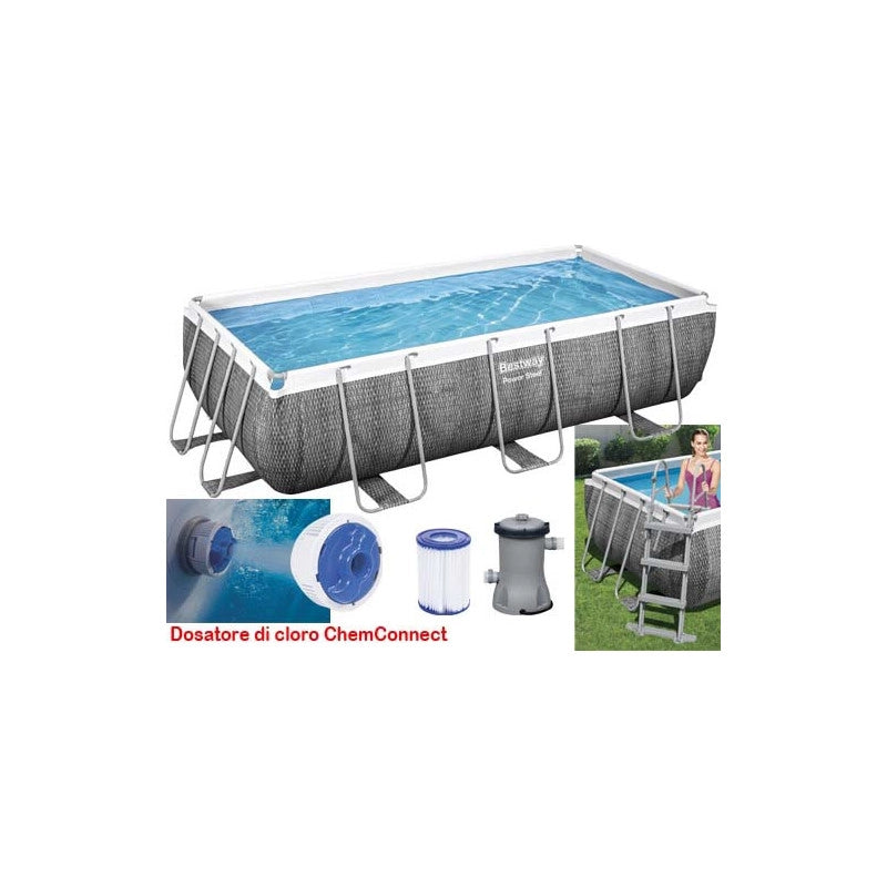 Piscina fuori terra rettangolare con telaio in acciaio e pompa filtro, 404x201x100 cm con scaletta e dosatore cloro - Bestway