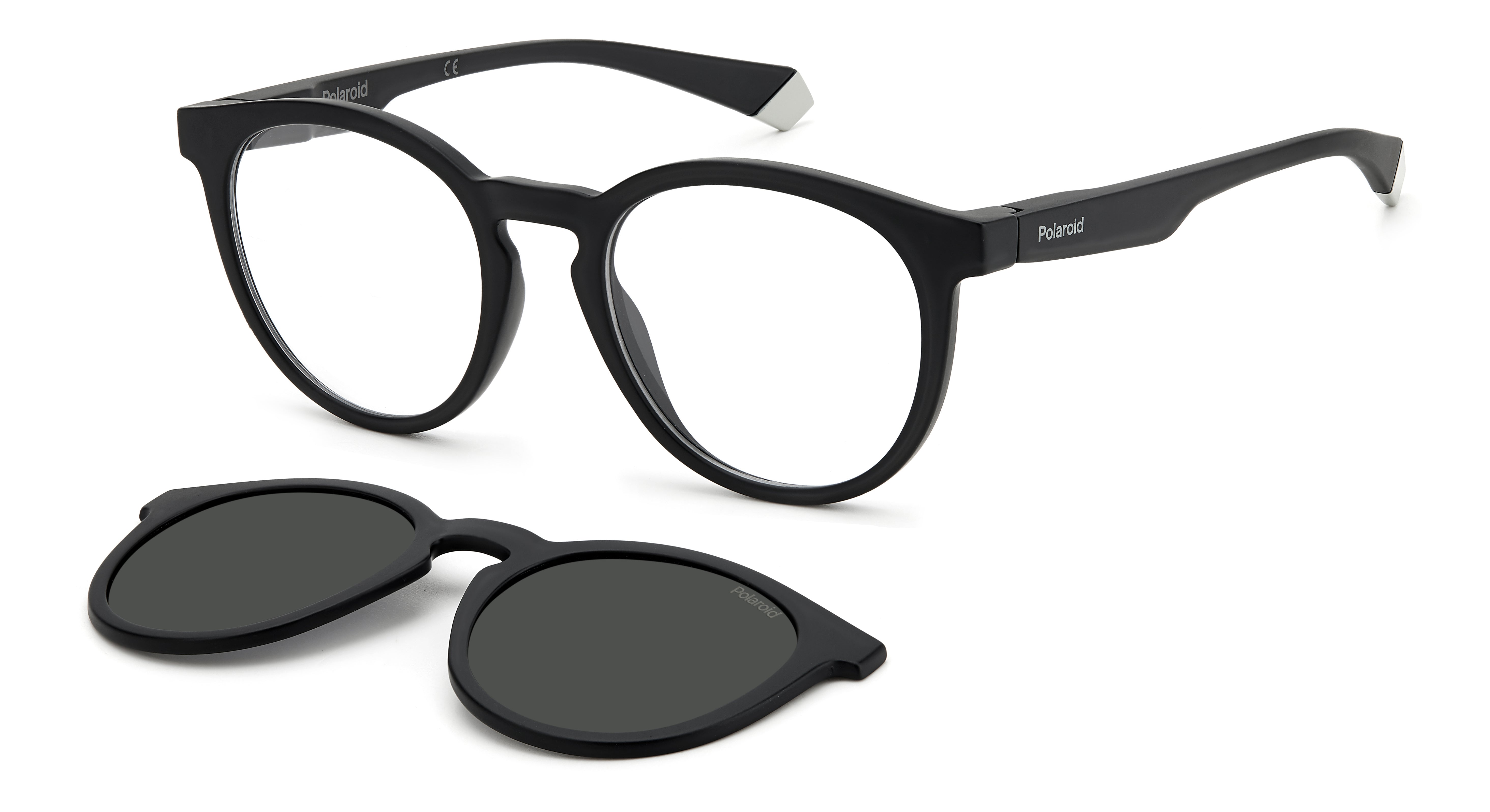 Polaroid Unisex Polaroid PLD 2132/CS 003/M9 Occhiali da sole Plastica Nero-opaco Grigio Rotonda Polarizzata Clip-on