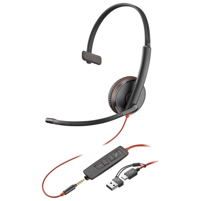 Poly cuffie blackwire 3215 monoaurali usb-c + spinotto da 3,5 mm + adattatore usb-c/a (sfuse)