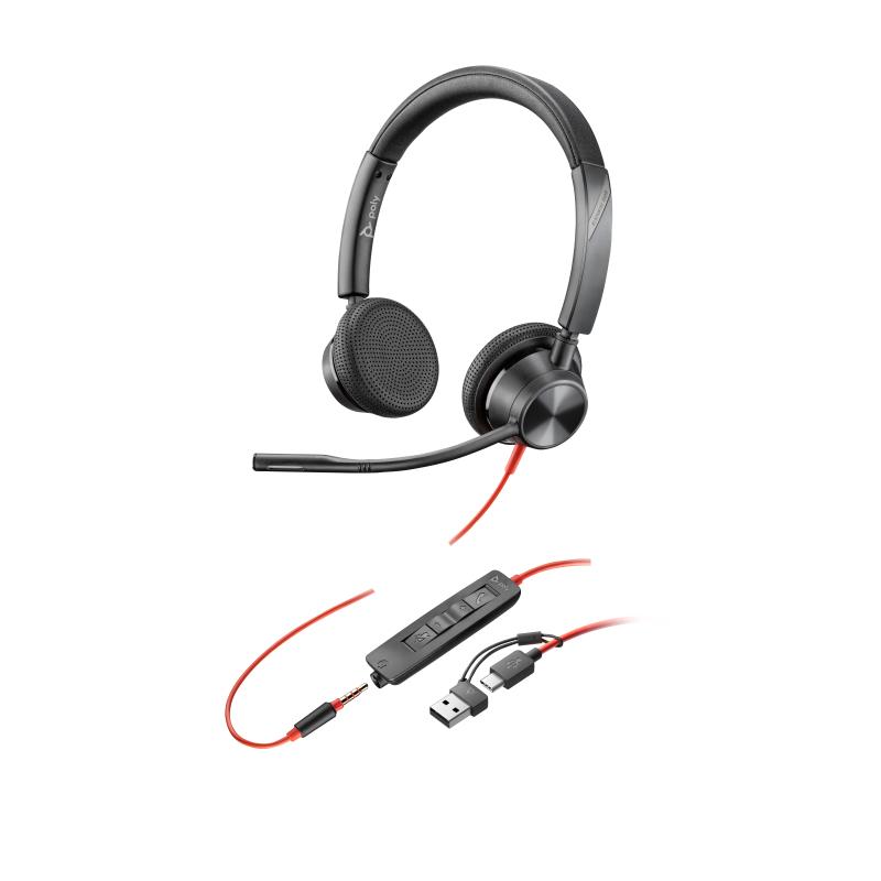 Poly cuffie stereo blackwire 3325 con connettore usb-c + spina da 3,5 mm + adattatore usb-c/a