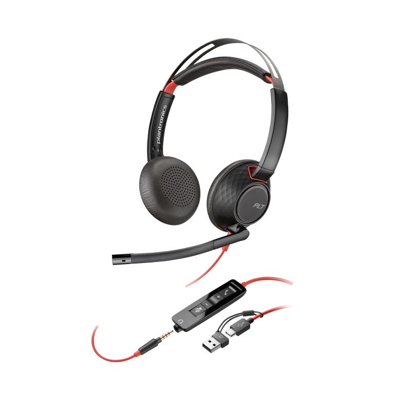 Poly cuffie stereo blackwire 5220 con connettore usb-c + spina da 3,5 mm + adattatore usb-c/a
