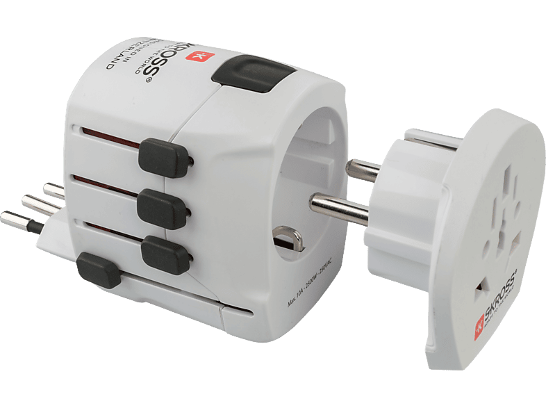POLYPOOL Adattatore da viaggio universale compatto 10/16A 3 poli con fusibile di protezione 10A 250V, bianco. Utilizzabile in più 150 paesi del mondo