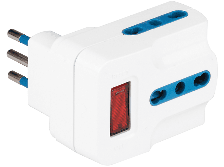 POLYPOOL Adattatore multipresa con spina “piccola” 10A 2P+T, 3 prese bivalenti 10/16A 2P+T 250V standard italiano, interruttore di sicurezza, bianco