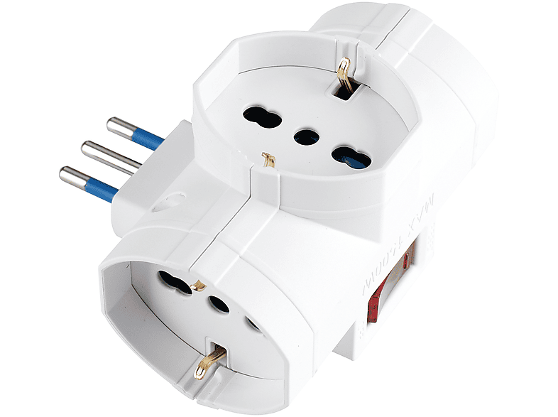 POLYPOOL Adattatore multipresa con spina “piccola” 10A 2P+T, 3 prese “grandi” 10/16A 2P+T 250V, interruttore di sicurezza, bianco