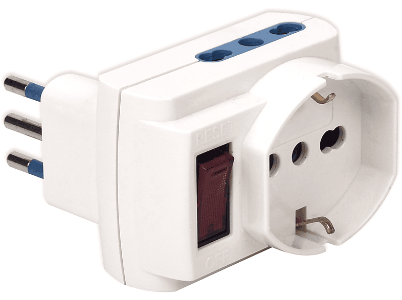 POLYPOOL Adattatore multipresa con spina “piccola” 10A 2P+T, 3 prese “grandi”, 2 bivalenti 10/16A 2P+T e 1 presa 250V, interruttore di sicurezza, bianco