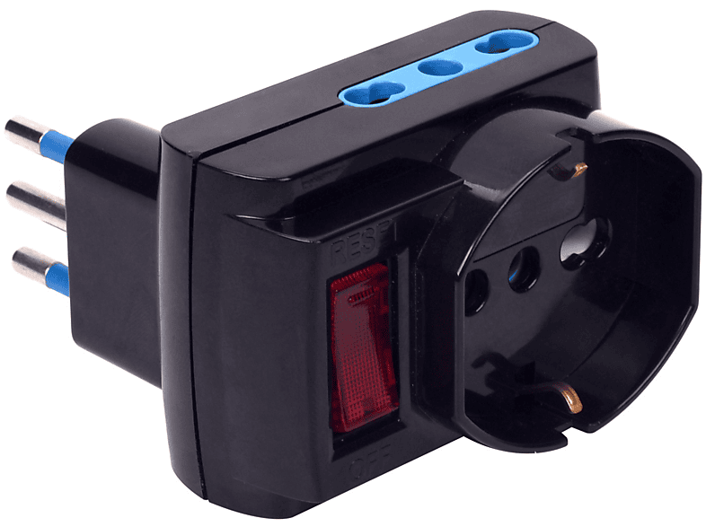 POLYPOOL Adattatore multipresa con spina “piccola” 10A 2P+T, 3 prese “grandi”, 2 bivalenti 10/16A 2P+T e 1 presa 250V, interruttore di sicurezza, nero