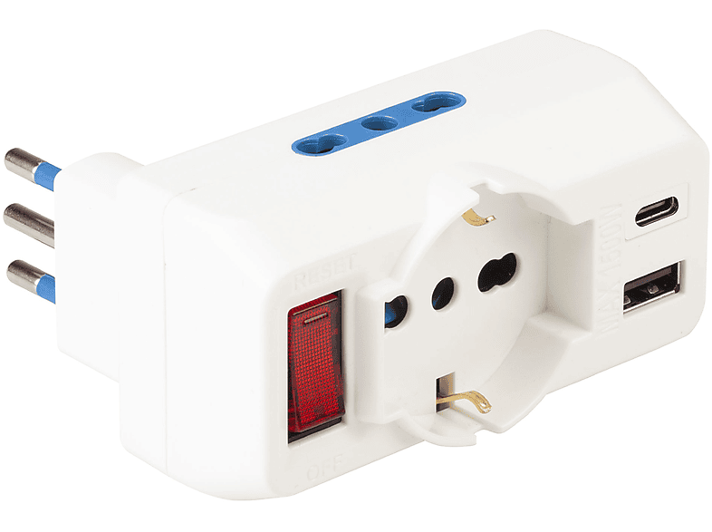 POLYPOOL Adattatore multipresa con spina “piccola” 10A 2P+T, 3 prese “grandi” 2 bivalenti 10/16A 2P+T e 1 presa 250V, interruttore di sicurezza. USB A+C 5V 3A, bianco