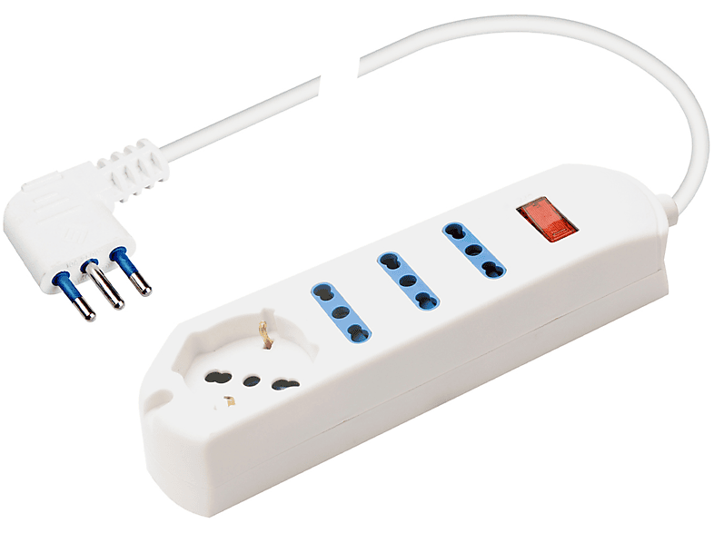POLYPOOL Presa multipla 250V con 3 prese “grandi” 10/16A 2P+T, 1 presa “grande” pluristandard 1,5 m cavo spina “piccola” salvaspazio 10A interruttore di sicurezza, bianco