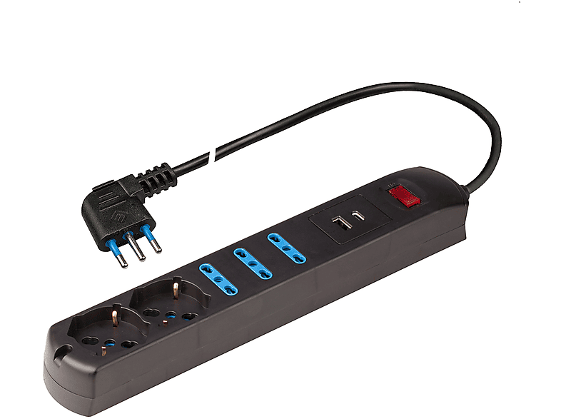 POLYPOOL Presa multipla 250V con 3 prese “grandi” 10/16A 2P+T, 2 pluristandard 1,5 m cavo spina “piccola” salvaspazio 10A interruttore di sicurezza, USB (A+C) 3.4A 5V, nero