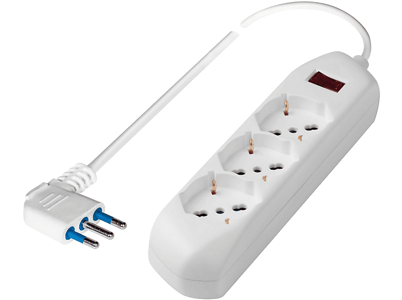 POLYPOOL Presa multipla 250V con 3 prese “grandi” pluristandard 10/16A 2P+T, 1,5 m cavo spina “piccola” salvaspazio 10A interruttore di sicurezza, bianco