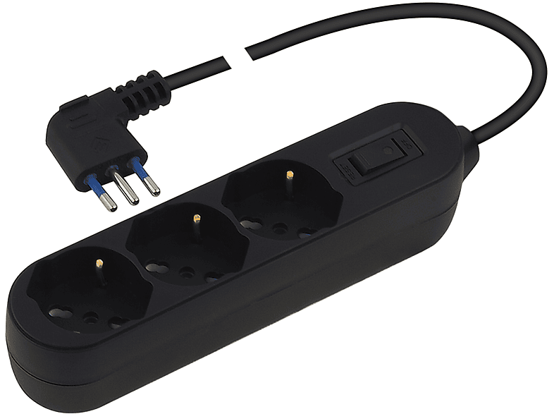 POLYPOOL Presa multipla 250V con 3 prese “grandi” pluristandard 10/16A 2P+T, 1,5 m cavo spina “piccola” salvaspazio 10A interruttore di sicurezza, nero