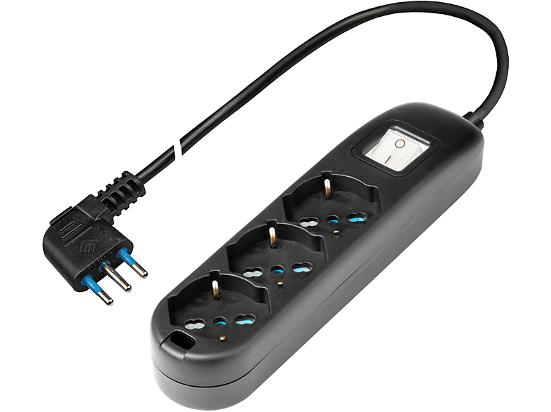 POLYPOOL Presa multipla 250V con 3 prese pluristandard 10/16A 2P+T, 1,5 m cavo spina 16A uscita a 90°, interruttore luminoso, nero