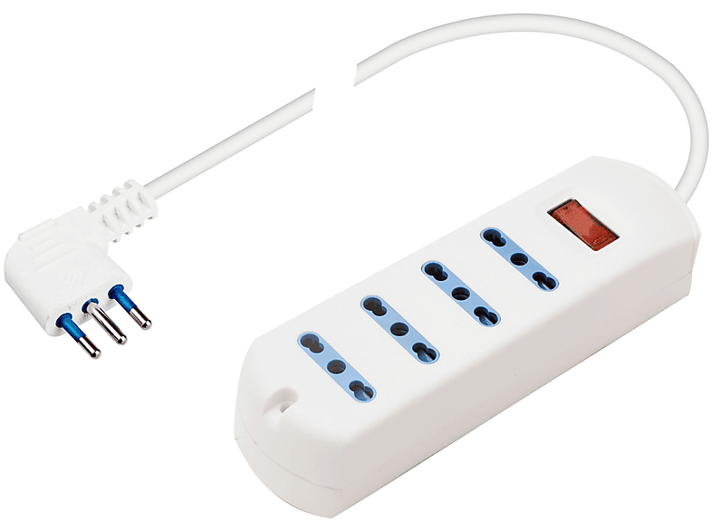 POLYPOOL Presa multipla 250V con 4 prese “grandi” 10/16A 2P+T, 1,5 m cavo spina “piccola” salvaspazio 10A interruttore di sicurezza, bianco