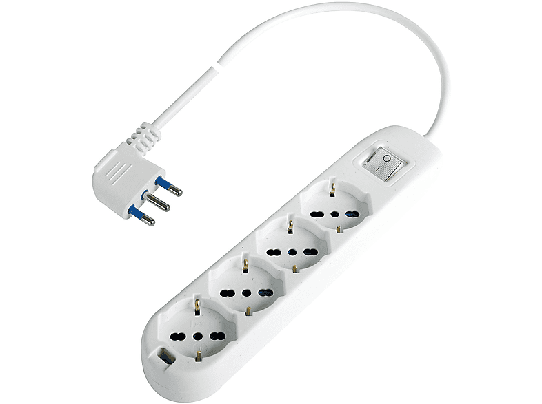 POLYPOOL Presa multipla 250V con 4 prese pluristandard 10/16A 2P+T, 1,5 m cavo spina 16A uscita a 90°, interruttore luminoso, bianco