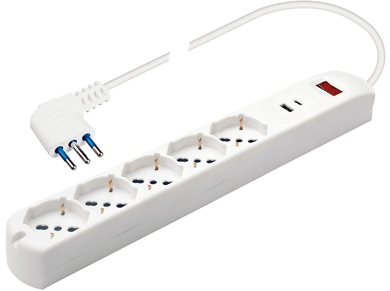 POLYPOOL Presa multipla 250V con 5 prese “grandi” pluristandard 10/16A 2P+T, 1,5 m cavo spina “piccola” salvaspazio 10A interruttore di sicurezza. 2 USB 5V 3.4A max, bianco