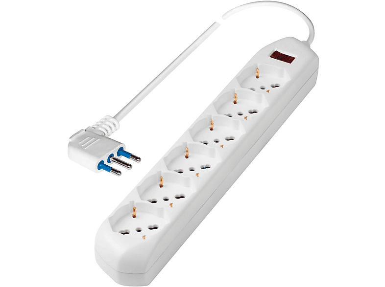 POLYPOOL Presa multipla 250V con 6 prese “grandi” pluristandard 10/16A 2P+T, 1,5 m cavo spina “piccola” salvaspazio 10A interruttore di sicurezza, bianco
