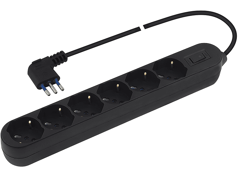 POLYPOOL Presa multipla 250V con 6 prese “grandi” pluristandard 10/16A 2P+T, 1,5 m cavo spina “piccola” salvaspazio 10A interruttore di sicurezza, nero