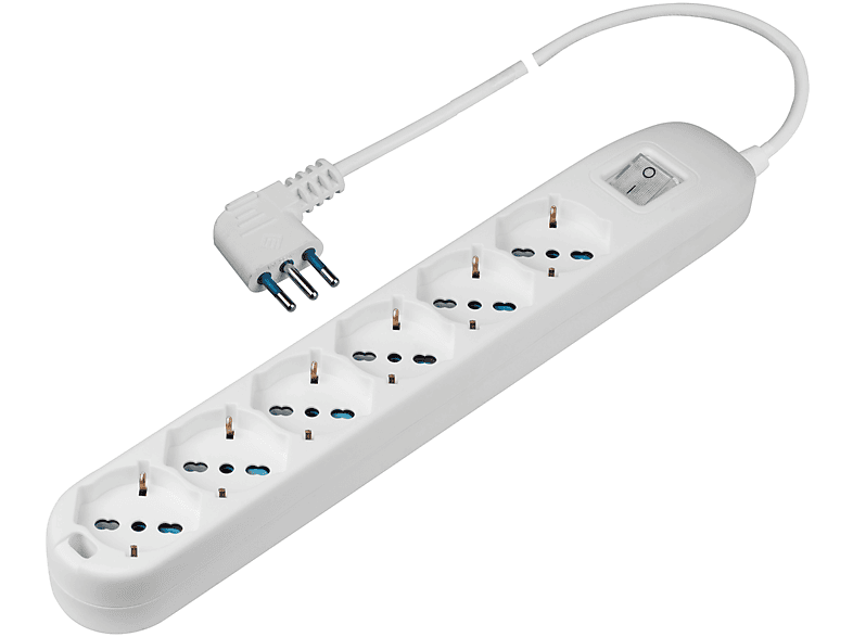 POLYPOOL Presa multipla 250V con 6 prese pluristandard 10/16A 2P+T, 1,5 m cavo spina 16A uscita a 90°, interruttore luminoso, bianco