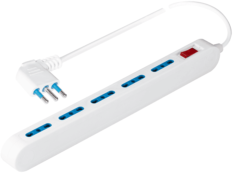 POLYPOOL Presa multipla “SPAZIOZERO PLUS” 250V con 5 prese 10/16A 2P+T, 1,5 m cavo, spina “piccola” salvaspazio 10A 2P+T uscita a 90°, interruttore di sicurezza, ingombro soli 23mm, bianco