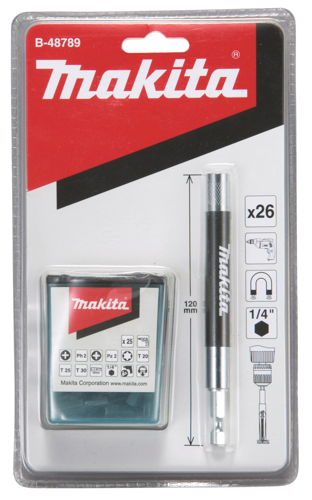 Portabit Magnetico Makita Con Manicotto Scorrevole, 120 Mm, Incl. Set Di Bit Da 25 Pezzi 1/4 - 120 Mm - 26 Pezzi