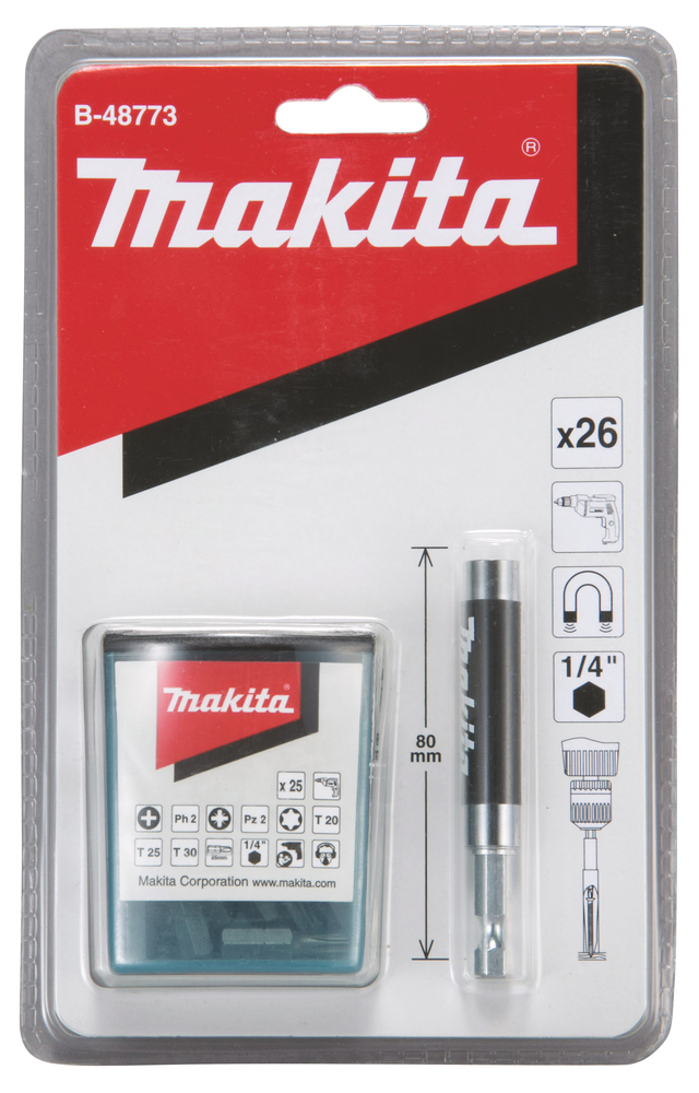 Portabit Magnetico Makita Con Manicotto Scorrevole, 80 Mm, Incl. Set Di Bit Da 25 Pezzi 1/4 - 80 Mm - 26 Pezzi