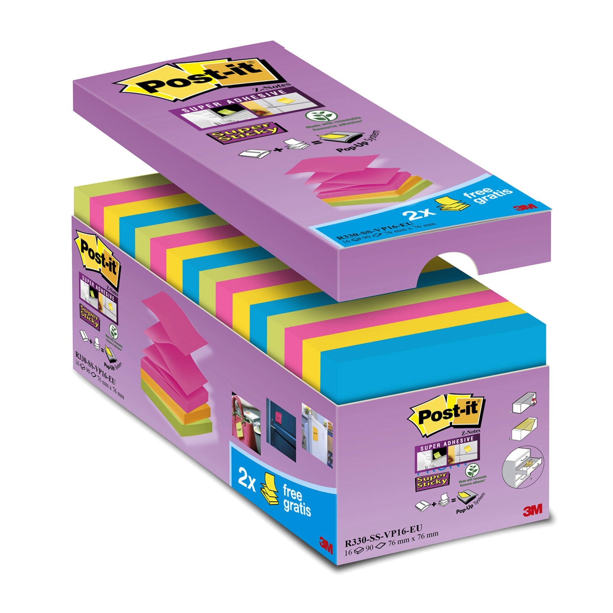 Post-It 7100234249 pouch autoadesiva Quadrato Blu Verde Rosa Giallo 90 fogli Autoadesivo