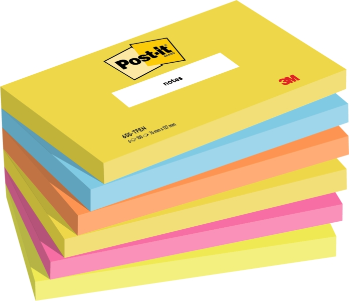 Post-it Confezione da 6 blocchi da 100 foglietti adesivi riposizionabili - Forma rettangolare - 76x127 mm - Colori assortiti