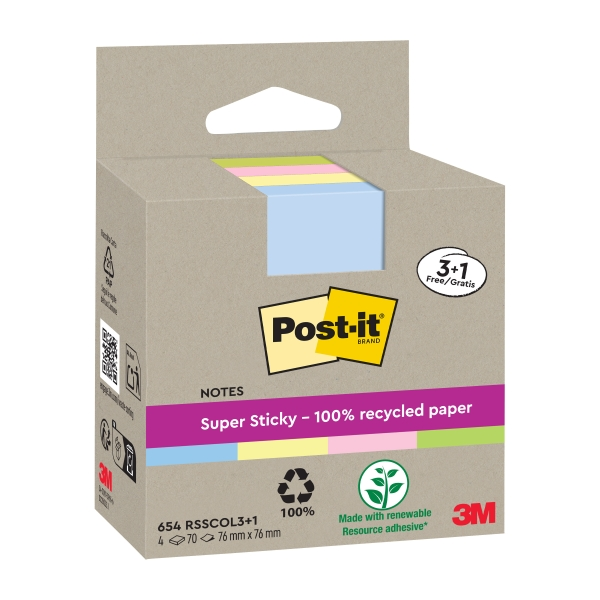 Post-it Super Sticky Confezione da 4 blocchi da 70 foglietti adesivi riciclati - Forma quadrata - 76x76 mm - Colori assortiti Post-it Super Sticky Confezione da 4 blocchi da 70 foglietti adesivi riciclati - Forma quadrata - 76x76 mm - Colori assortiti