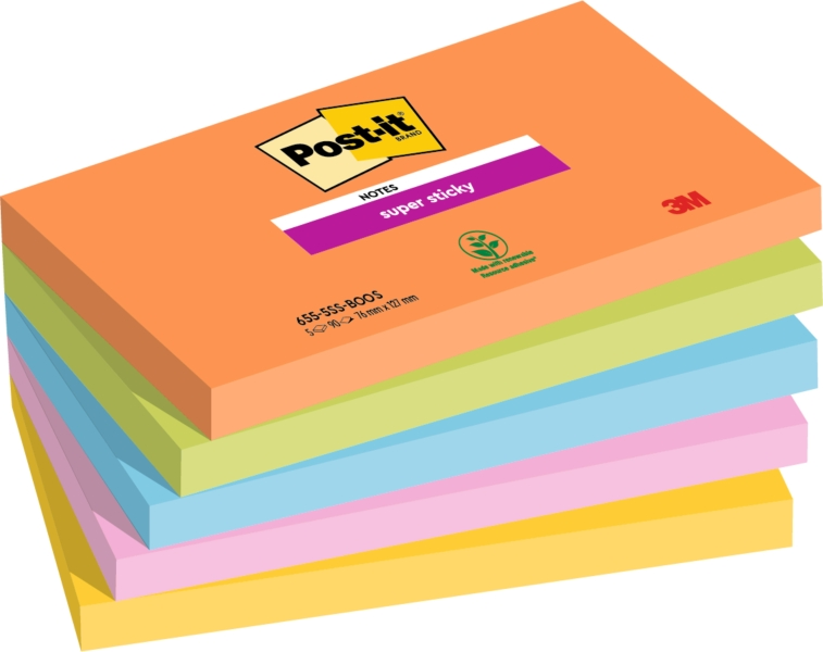 Post-it Super Sticky Confezione da 5 blocchi da 90 foglietti adesivi riposizionabili - Forma rettangolare - 127x76 mm - Colori assortiti
